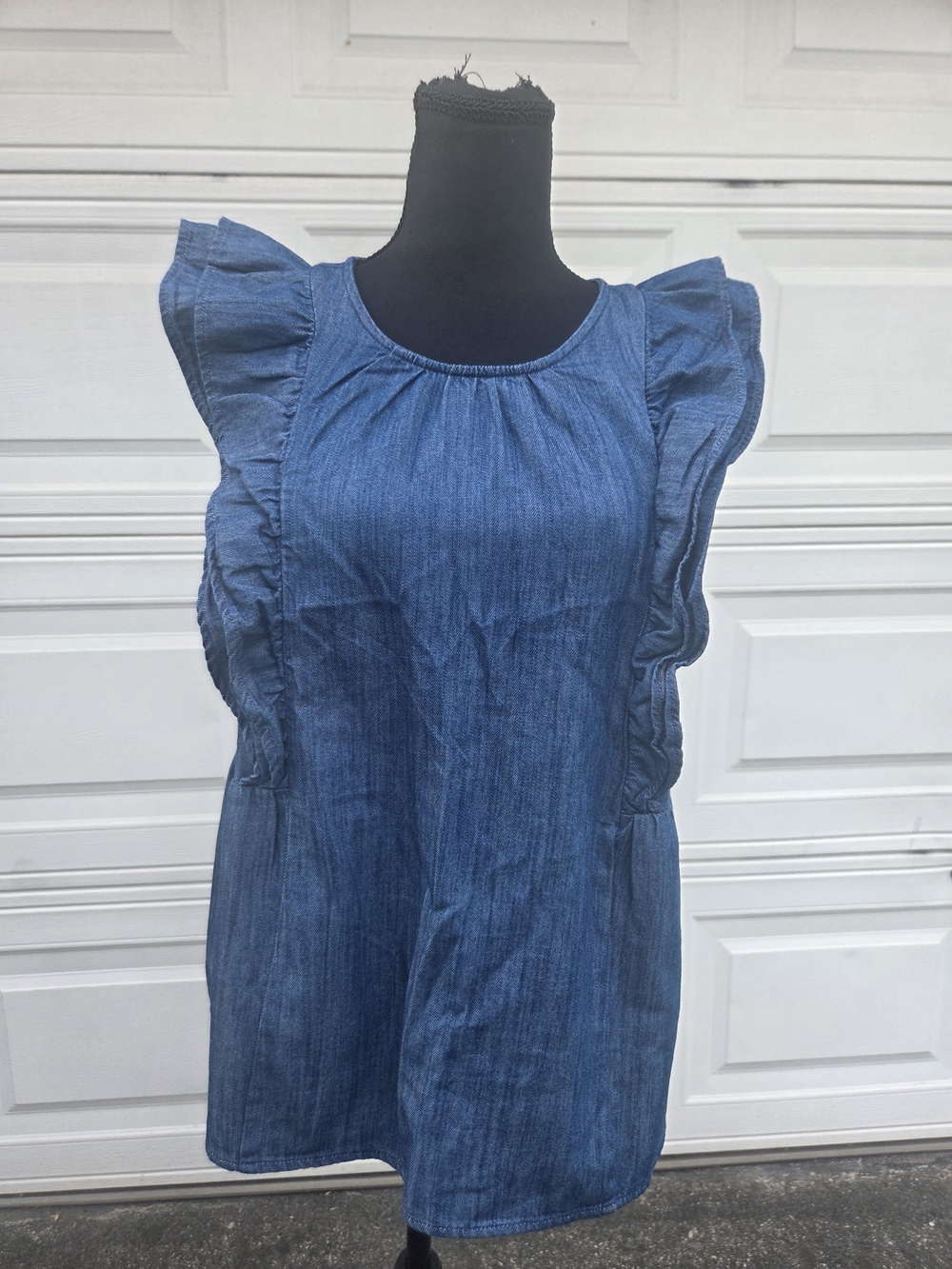 Old Navy Chambray Ruffle Sleeve Babydoll Tunic Top Blue Size Large NWT